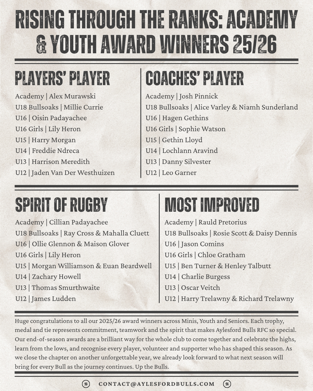 The Bulls Sheet - Seventh Edition - Fourth Page - Rising Through the Ranks: Academy & Youth Award Winners 25/26